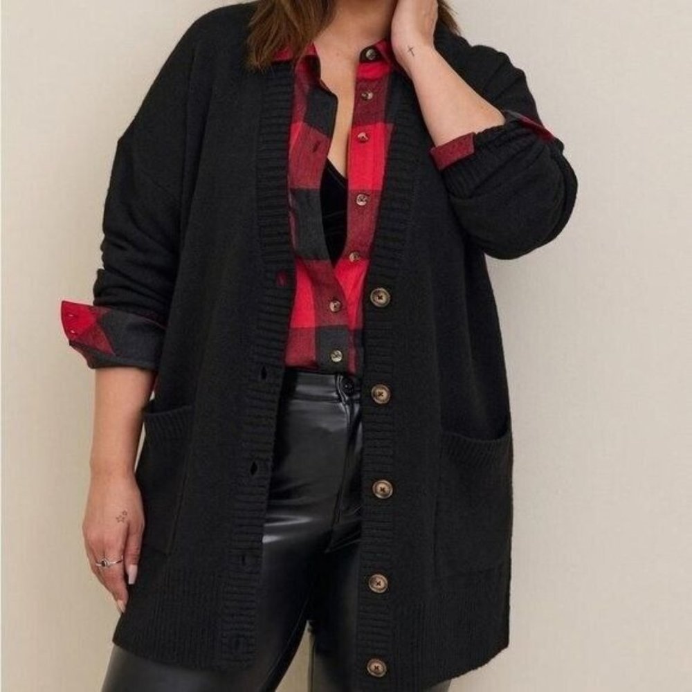 Black Oversized Button-Front Cardigan Sweater